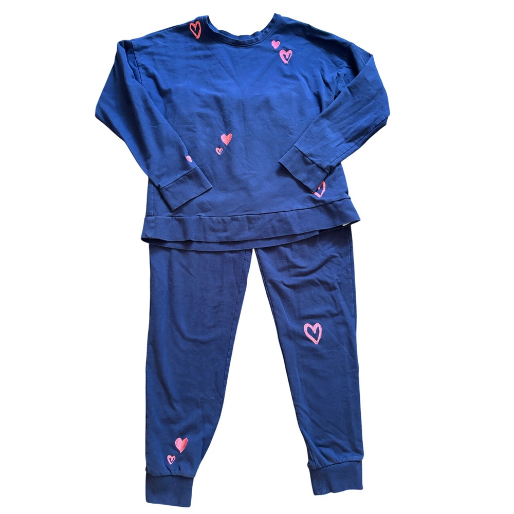 BedHead Pajama Set Mon Amour Womens S Blue Heart Sweatshirt Fleece Loungewear